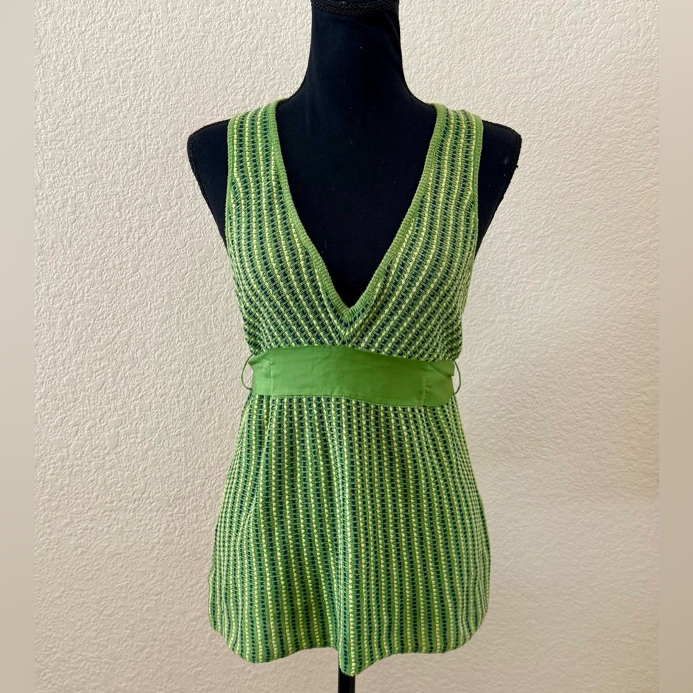 Vintage Y2K Anthropologie Guinevere Green Striped Belted Tank Top Size Small